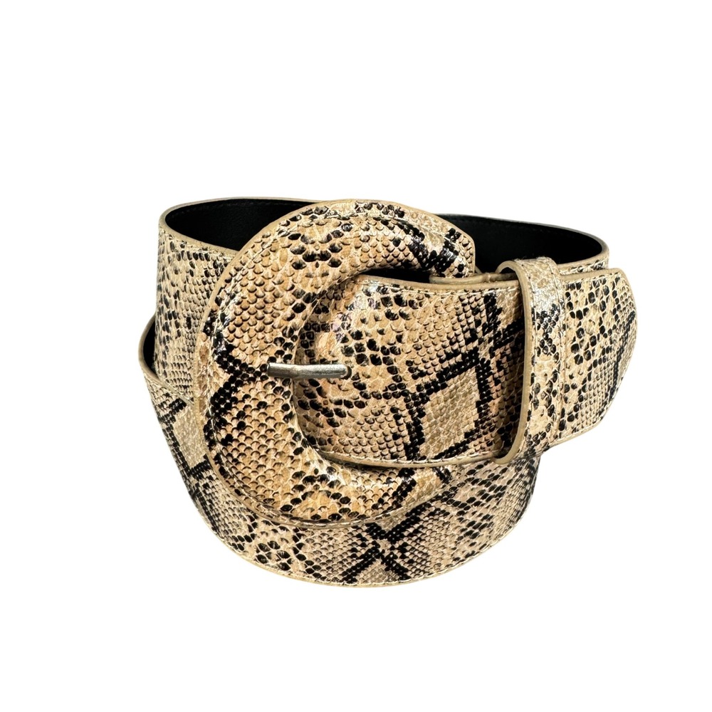 Tan Black Snakeskin Print Wide Belt Oversized Round Buckle Size 10